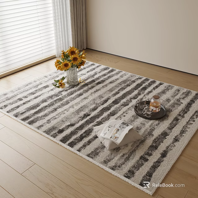 Gray and White Striped Square Area Rug with Sunflower Bouquet and Tray on Wooden Floor 3d model 