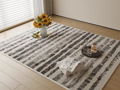 Gray and White Striped Square Area Rug with Sunflower Bouquet and Tray on Wooden Floor 3d model