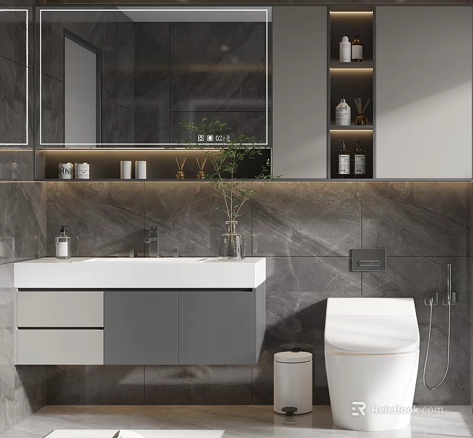 Modern Bathroom With Wall Mounted Gray White Cabinet Marble Wall And Mirror 3d model 