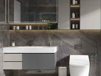 Modern Bathroom With Wall Mounted Gray White Cabinet Marble Wall And Mirror 3d model