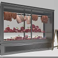 Retail Store Display Shelf With Glass Front Showing Meat Products And Chalkboard
