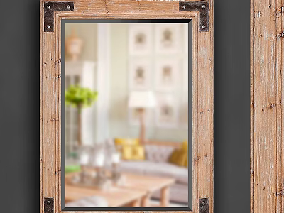 Vintage Wooden Frame Mirror Reflecting Living Room Furniture And Decor 3d model