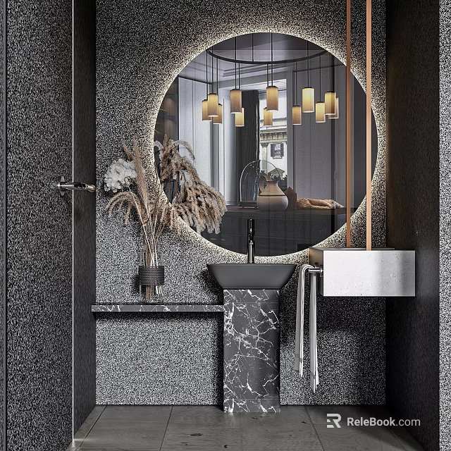 Modern Bathroom Vanity With Black Marble Countertop Round Mirror Pendant Lights And Dried Flowers Decor 3d model 