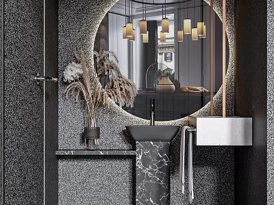 Modern Bathroom Vanity With Black Marble Countertop Round Mirror Pendant Lights And Dried Flowers Decor 3d model