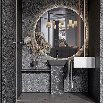 Modern Bathroom Vanity With Black Marble Countertop Round Mirror Pendant Lights And Dried Flowers Decor 3d model