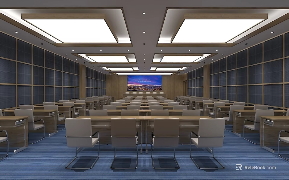 Modern Conference Room Interior Design with Rows of Chairs Tables Ceiling Lights and Background Screen 3d model 