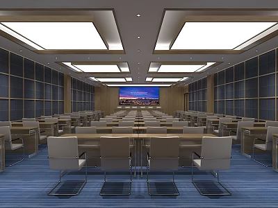 Modern Conference Room Interior Design with Rows of Chairs Tables Ceiling Lights and Background Screen 3d model