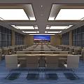 Modern Conference Room Interior Design with Rows of Chairs Tables Ceiling Lights and Background Screen