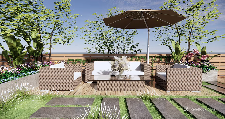 Wicker Outdoor Sofa with White Cushions Green Plants and Umbrella on Wooden Deck 3d model 