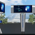 Outdoor Modern Billboard with Digital Screen Tech-inspired Blue Interface on White Pillar Surrounded by Trees 3d model