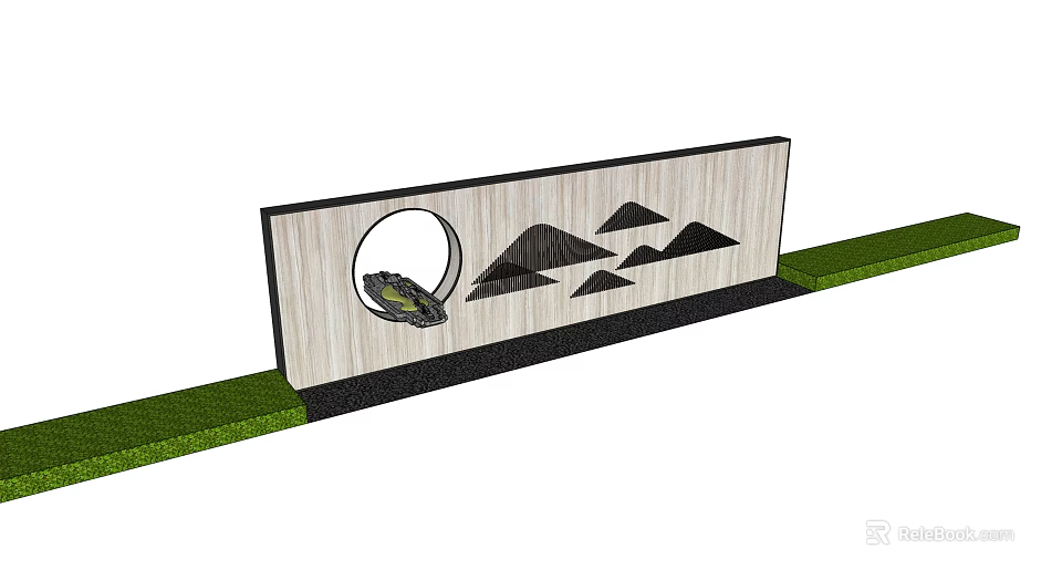 Modern Landscape Feature Wall With Circular Design And Mountain Patterns Near Grass 3d model
