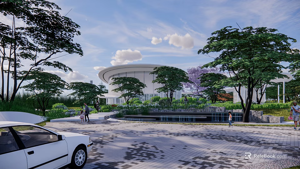 Modern Garden Landscape With Lush Trees Pedestrian Plaza And Architectural View 3d model 