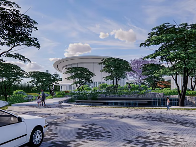 Modern Garden Landscape With Lush Trees Pedestrian Plaza And Architectural View 3d model