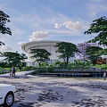 Modern Garden Landscape With Lush Trees Pedestrian Plaza And Architectural View
