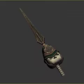 Decorative Metal Spear With Sharp Blade Green Gold Accents Helmet Shaped Head And Wooden Handle