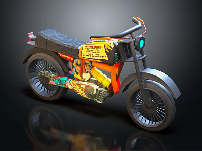 Colorful 3D Rendered Motorcycle With Black Seat Blue Headlight Unique Spoke Wheels And Decorative Engine Graphics 3d model