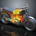 Colorful 3D Rendered Motorcycle With Black Seat Blue Headlight Unique Spoke Wheels And Decorative Engine Graphics