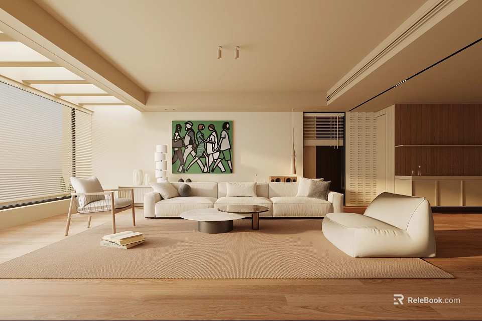 Modern Living Room With White Sofa Round Coffee Table Green Abstract Painting And Soft Rug 3d model 