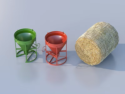 Green And Red Agricultural Funnels With Round Hay Bale On Gray Surface 3d model