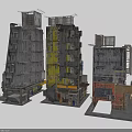 Futuristic Cyberpunk Cityscape Featuring Tall Industrial Buildings With Antennas And Ground Level Shops