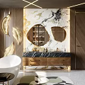 Elegant Modern Bathroom Interior With Marble Wall Double Circular Mirrors Golden Accents And Wooden Vanity