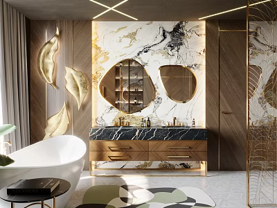 Elegant Modern Bathroom Interior With Marble Wall Double Circular Mirrors Golden Accents And Wooden Vanity 3d model