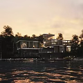 Modern Lakeside Villa Architecture With Glass Facade Surrounded By Trees And Waterfront View