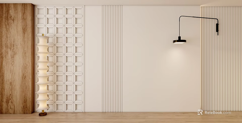 Modern Interior White Background Wall With Geometric Pattern Vertical Stripes And Floor Lamp 3d model 