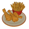 Crispy Fried Chicken Legs With French Fries In Red Bucket On Plate