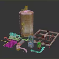 Industrial Equipment Parts Including Rusty Yellow Tank Pipes Metal Frame And Tools
