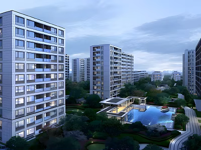 Modern High Rise Residential Complex With Landscaped Gardens And Swimming Pool 3d model