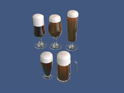 Five Beer Bottles And Glasses With Foamy Brown Liquid In Various Shapes On Blue Background 3d model