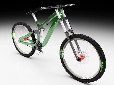 Green And Black Mountain Bike With Modern Frame Large Tires And Red Brakes 3d model