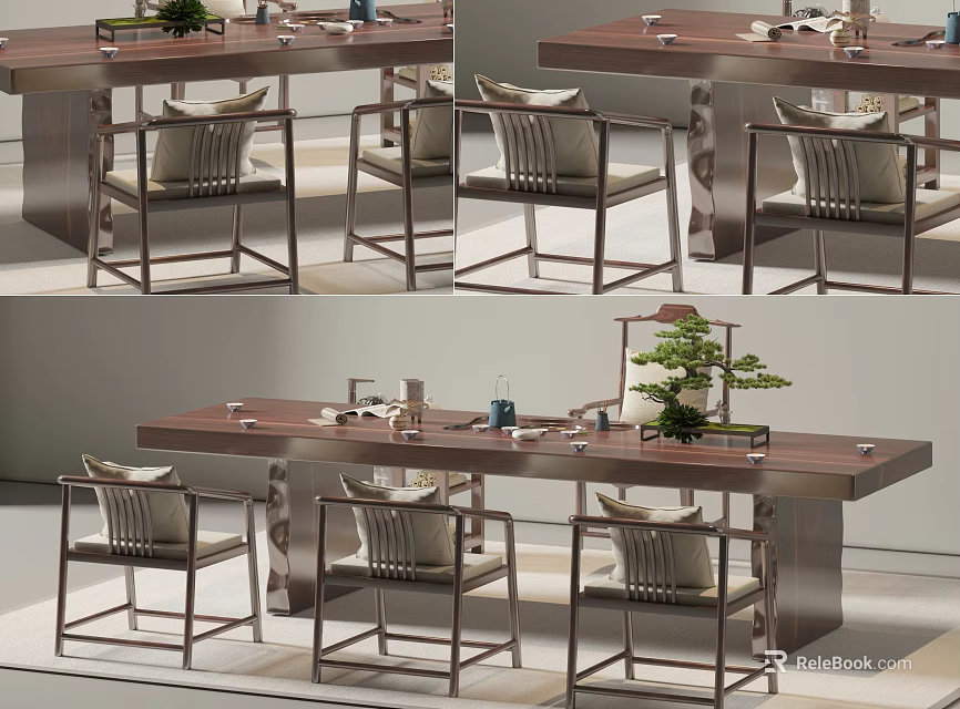 Modern Tea Table And Chairs With Wooden Top Cushioned Seats And Tea Sets 3d model 
