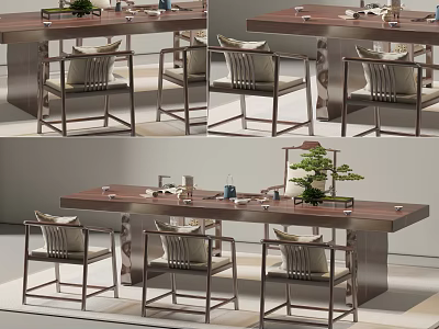 Modern Tea Table And Chairs With Wooden Top Cushioned Seats And Tea Sets 3d model