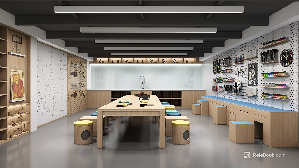 Kindergarten Activity Room With Long Wooden Table Colorful Stools Wall Drawings And Storage Cabinets 3d model 