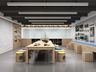 Kindergarten Activity Room With Long Wooden Table Colorful Stools Wall Drawings And Storage Cabinets 3d model