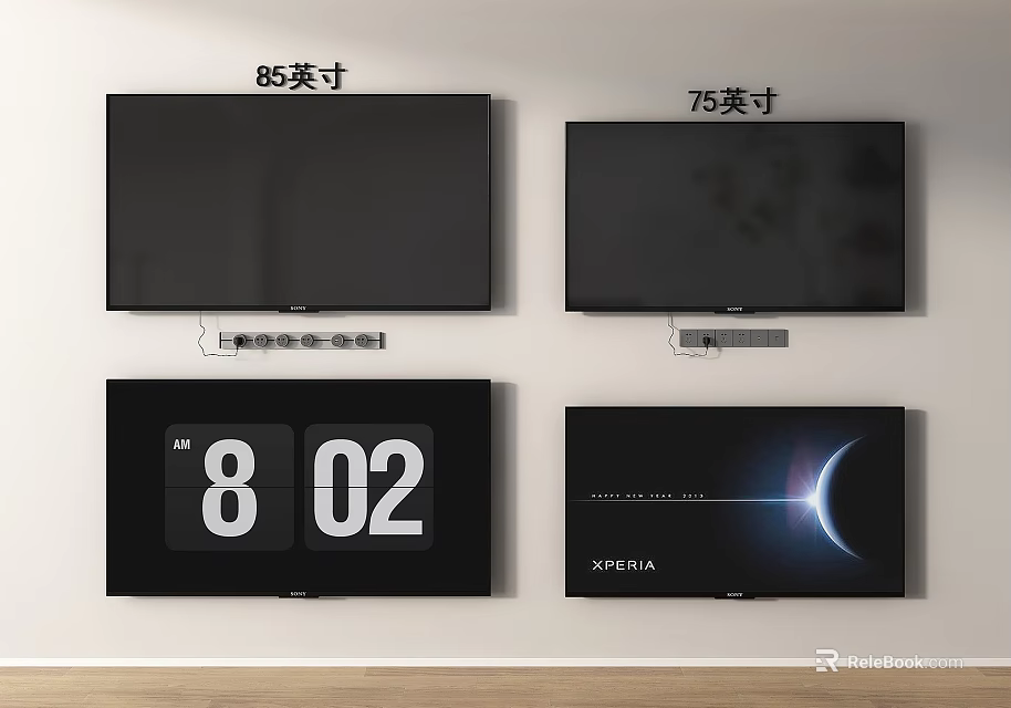 Wall Mounted 85 Inch and 75 Inch TVs Displaying Time and Moon Screens 3d model 