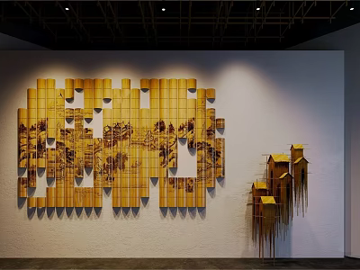 Yellow Wooden Panel Art Installation With Landscape Patterns And Small House Structures In Indoor Lighting 3d model