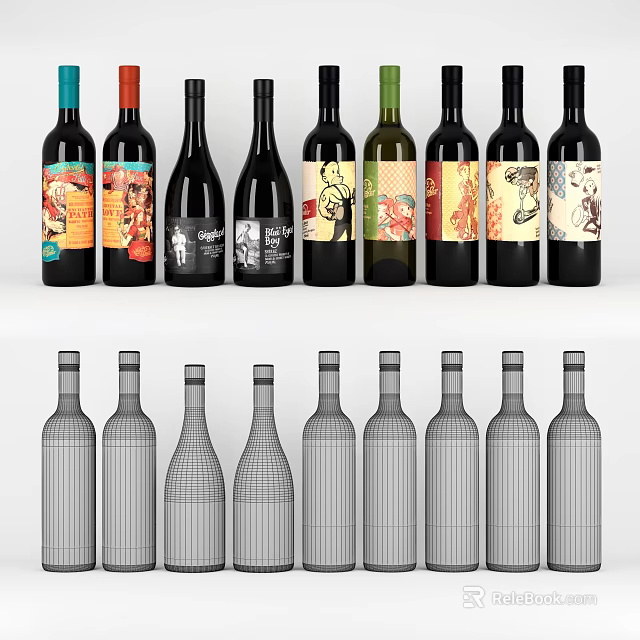 Various Designed Wine Bottles And Glasses With Colorful Labels And Wireframe Models In Different Shapes 3d model 