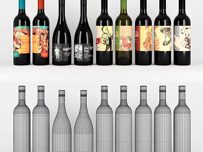 Various Designed Wine Bottles And Glasses With Colorful Labels And Wireframe Models In Different Shapes 3d model
