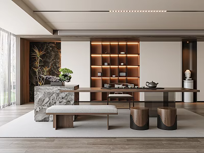 Modern Tea Room Interior With Long Table Shelves And Plants 3d model