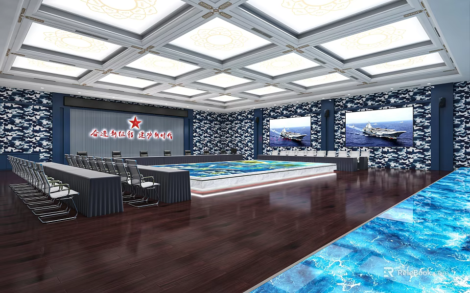 Modern Monitoring Room Interior With Large Screens Conference Table And Chairs 3d model 