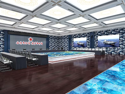 Modern Monitoring Room Interior With Large Screens Conference Table And Chairs 3d model