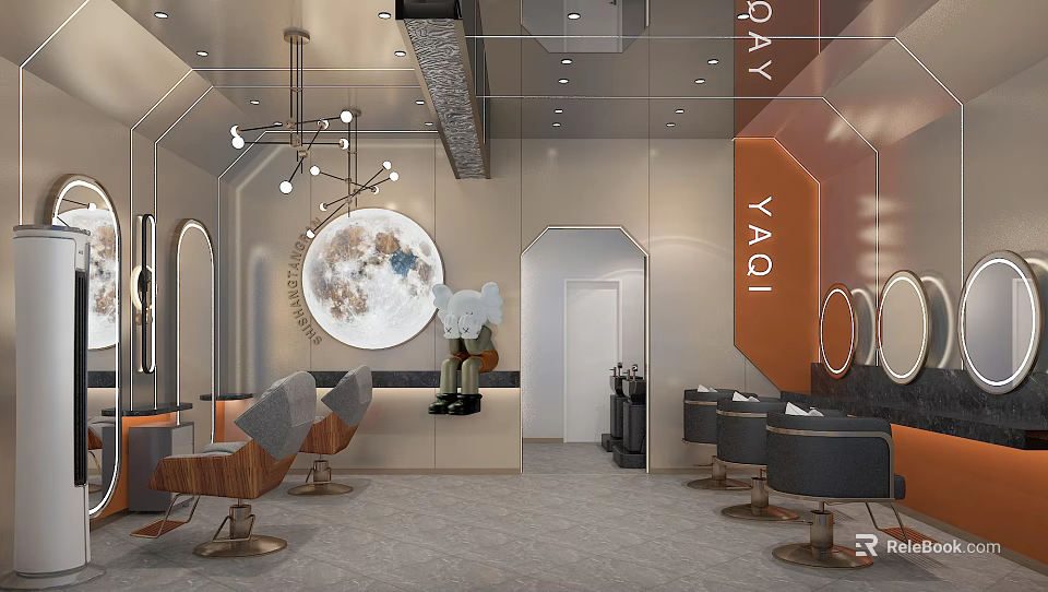 Modern Beauty Hair Salon Interior Design With Styling Chairs Round Mirrors And Moon Decor 3d model 