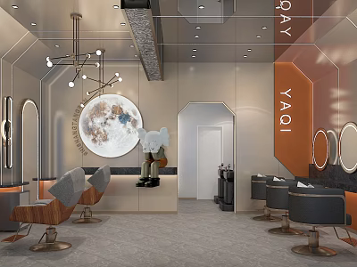 Modern Beauty Hair Salon Interior Design With Styling Chairs Round Mirrors And Moon Decor 3d model