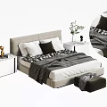 Modern Double Bed Setup With Bedside Tables Decorative Pillows Striped Blanket And Stool 3d model
