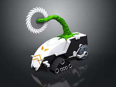 Robotic Vehicle With Green Arm White Saw Blade Tracked Chassis Black White Body Orange Accents 3d model