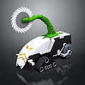 Robotic Vehicle With Green Arm White Saw Blade Tracked Chassis Black White Body Orange Accents