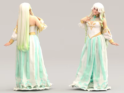 Woman With Long White Hair In White And Light Green Long Dress Front Back Views 3d model